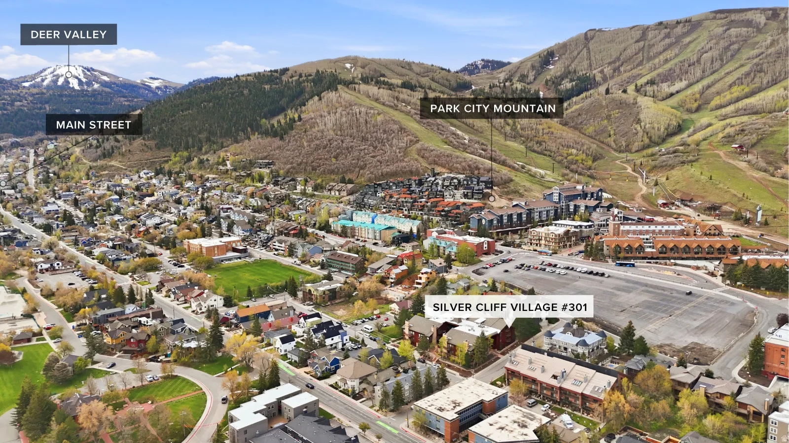 Aerial perspective showcasing a mountain community with extensive residential and commercial buildings