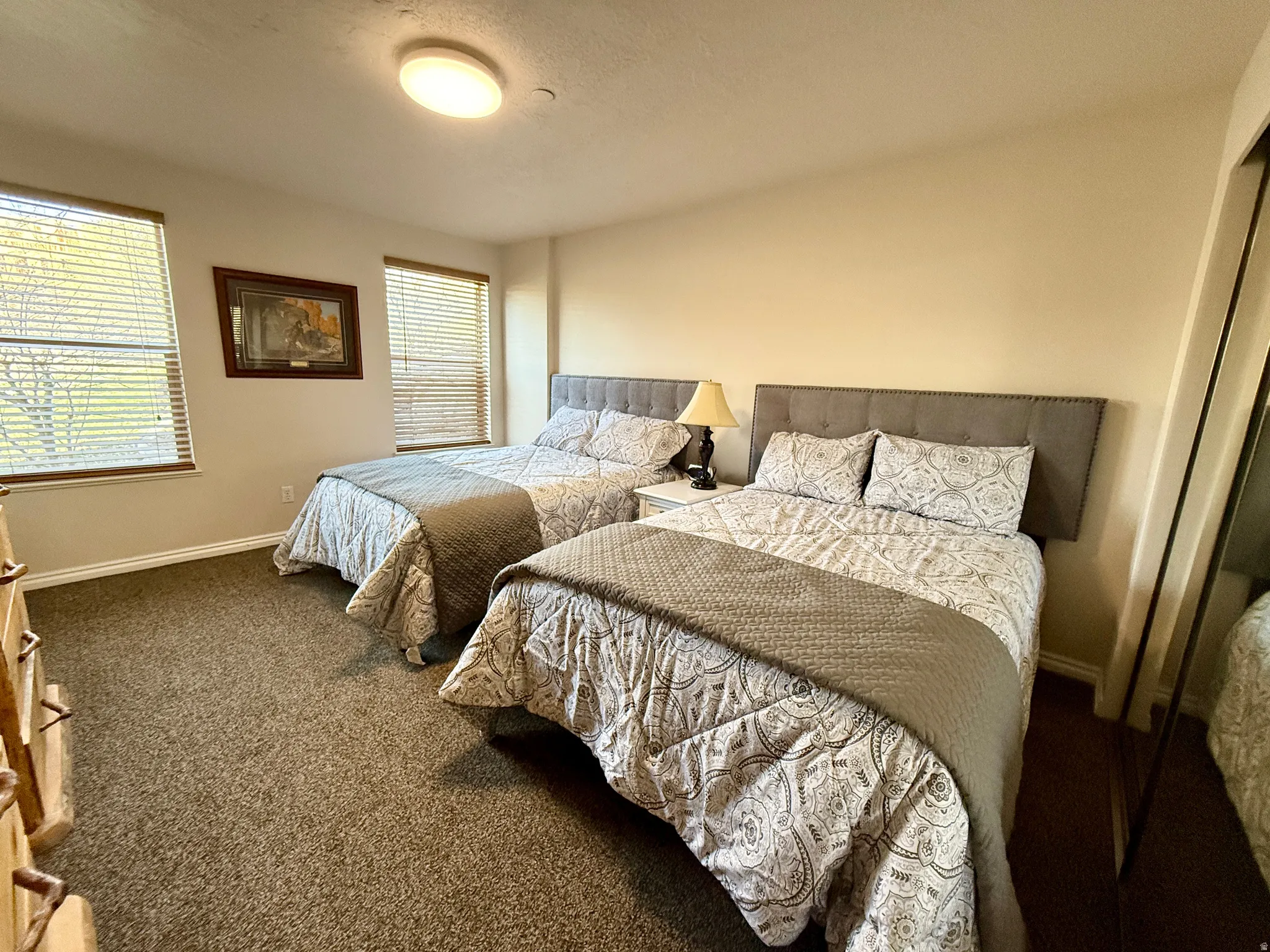 Carpeted room with two windows featuring blinds, neutral wall paint, and a built-in overhead light fixture
