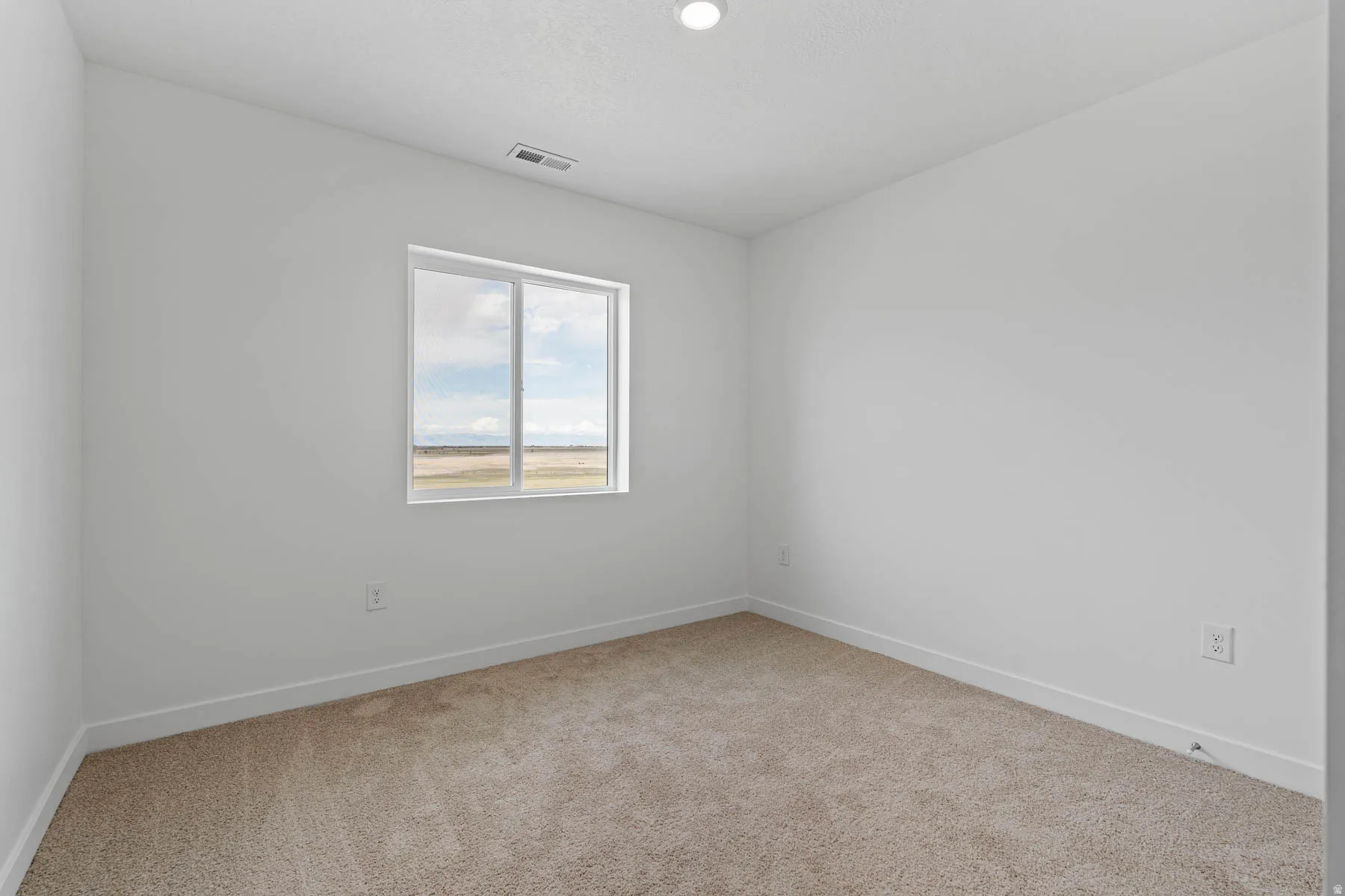 Neutral-toned wall-to-wall carpeting complements the white walls and trim
