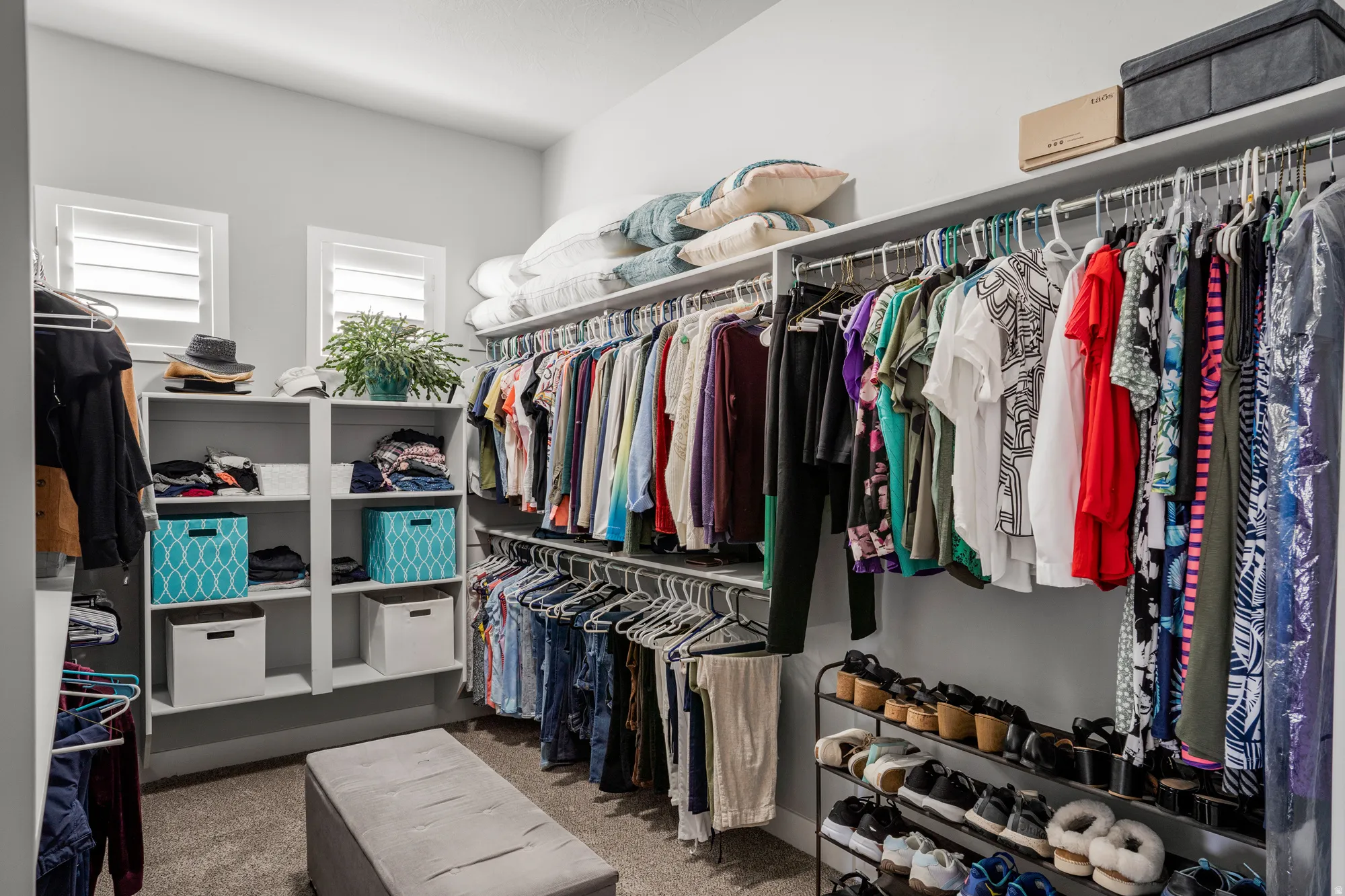 Spacious walk-in closet featuring extensive built-in shelving, multiple hanging rods for clothing organization, and two windows with white louvered shutters
