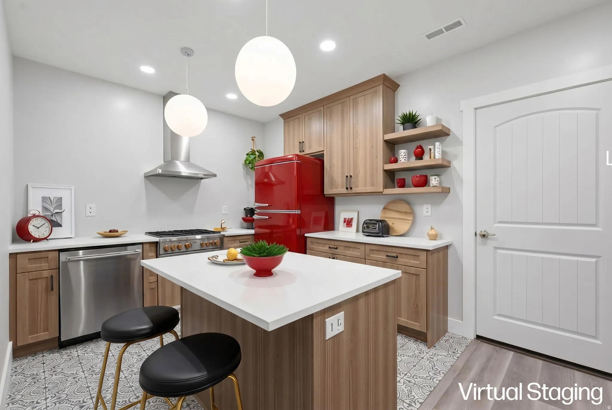 Contemporary kitchen featuring a center island with white countertop, recessed lighting, and dual pendant lights