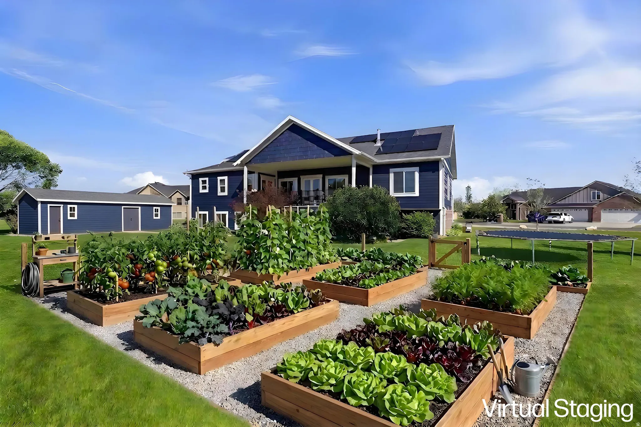 Expansive backyard featuring multiple raised garden beds, a manicured lawn, and a secondary detached structure