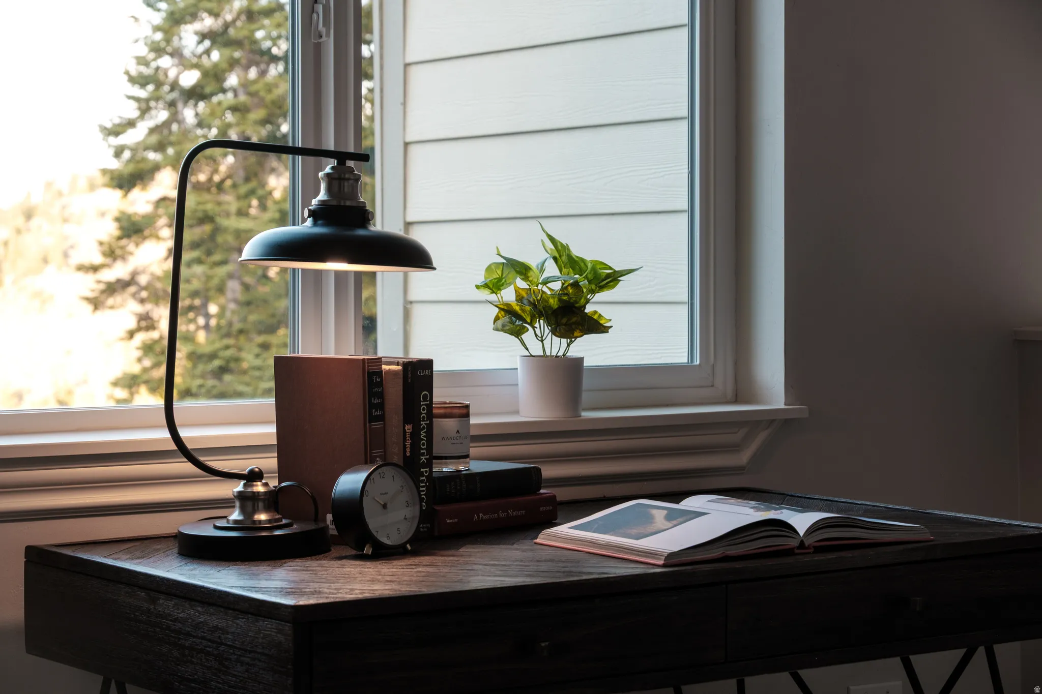 Wood-finish desk surface with a visible drawer