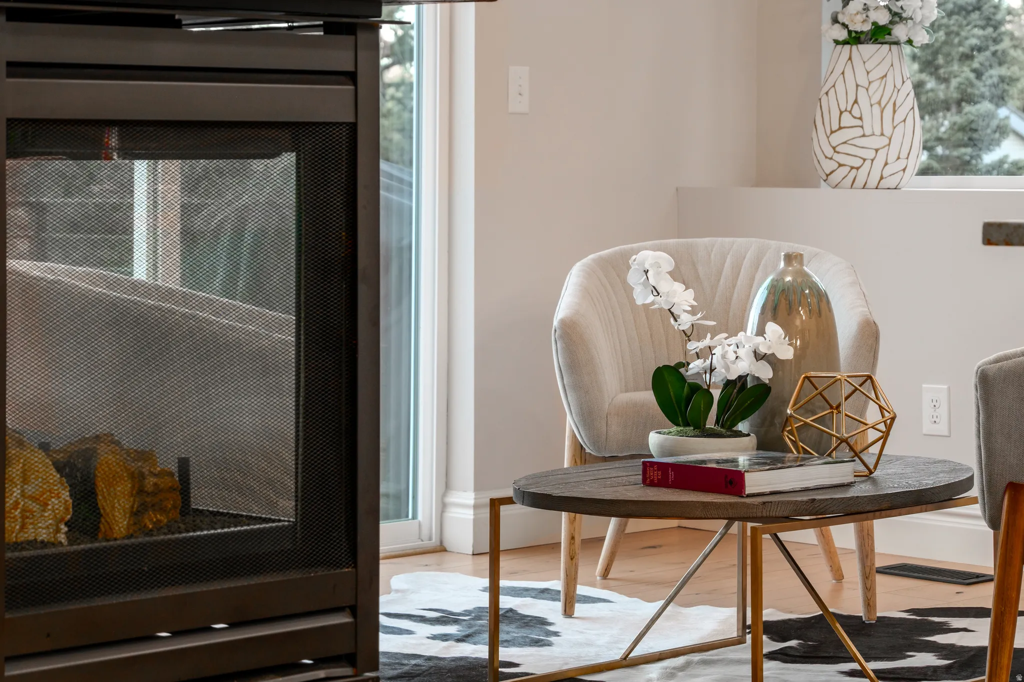 Contemporary fireplace with a black metal screen and logs