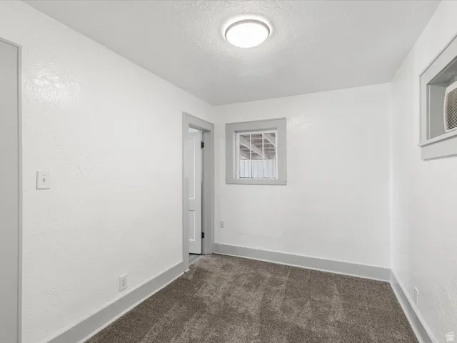 Carpeted interior space with white walls and gray trim