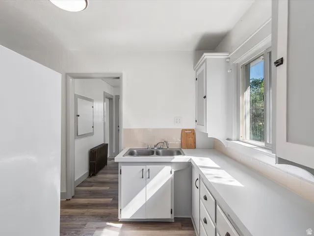Kitchen featuring a dual-basin stainless steel sink, white cabinetry, solid surface countertops, and wood-finish flooring