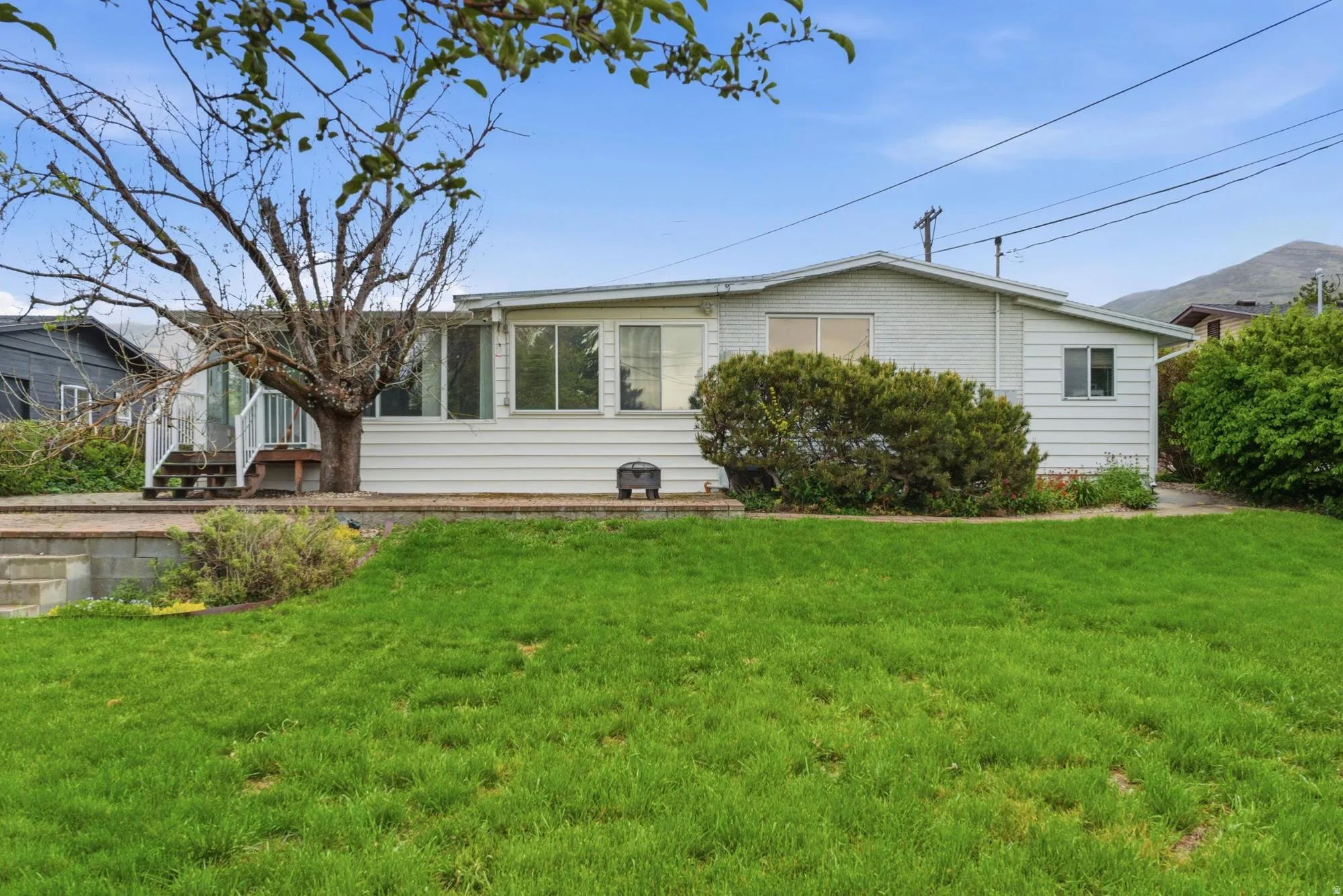 Expansive green lawn with a white-sided residence featuring large windows, a raised patio area, and mature landscaping