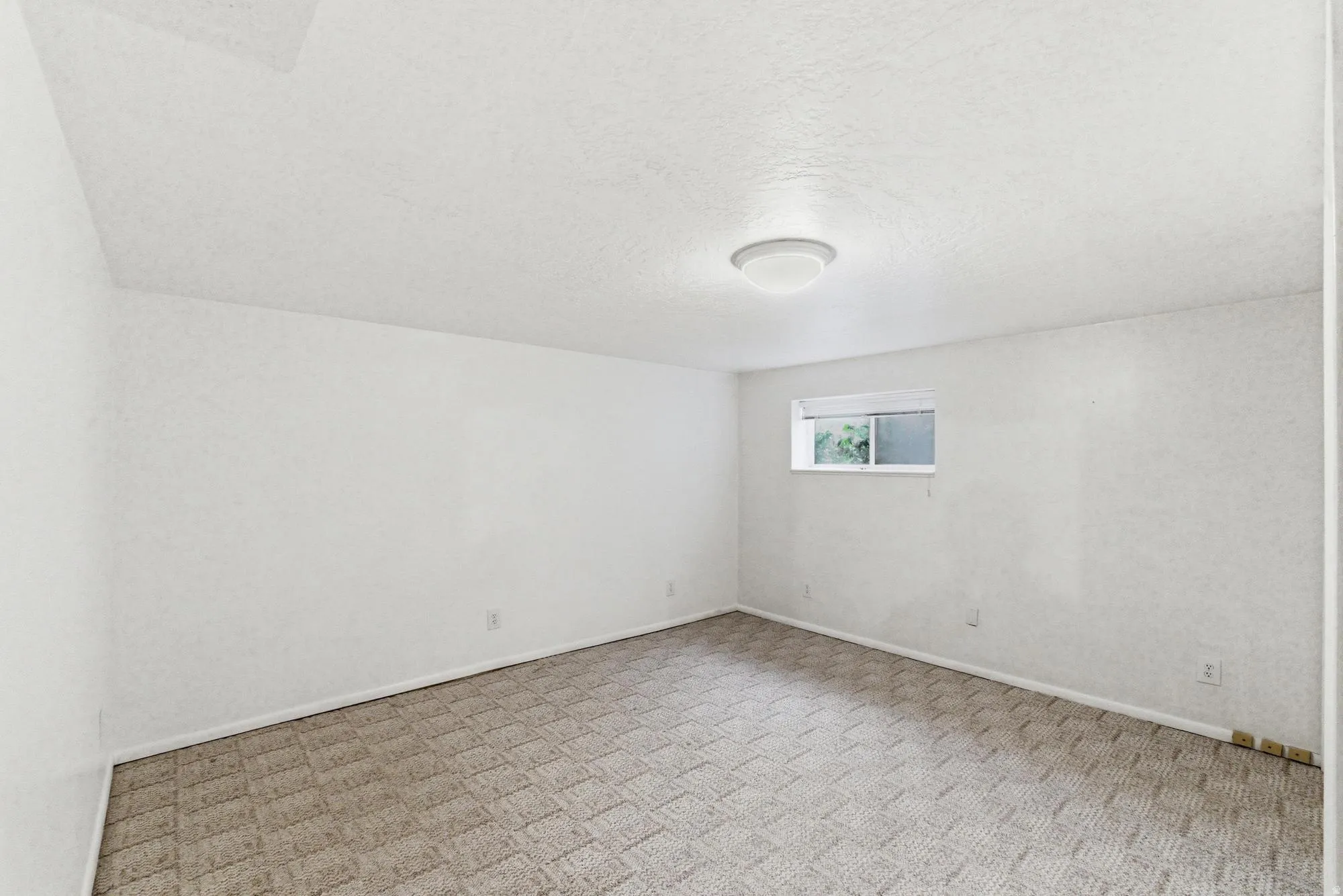 Bright interior space featuring a window, overhead flush mount light fixture, textured walls, white baseboards, and patterned carpet