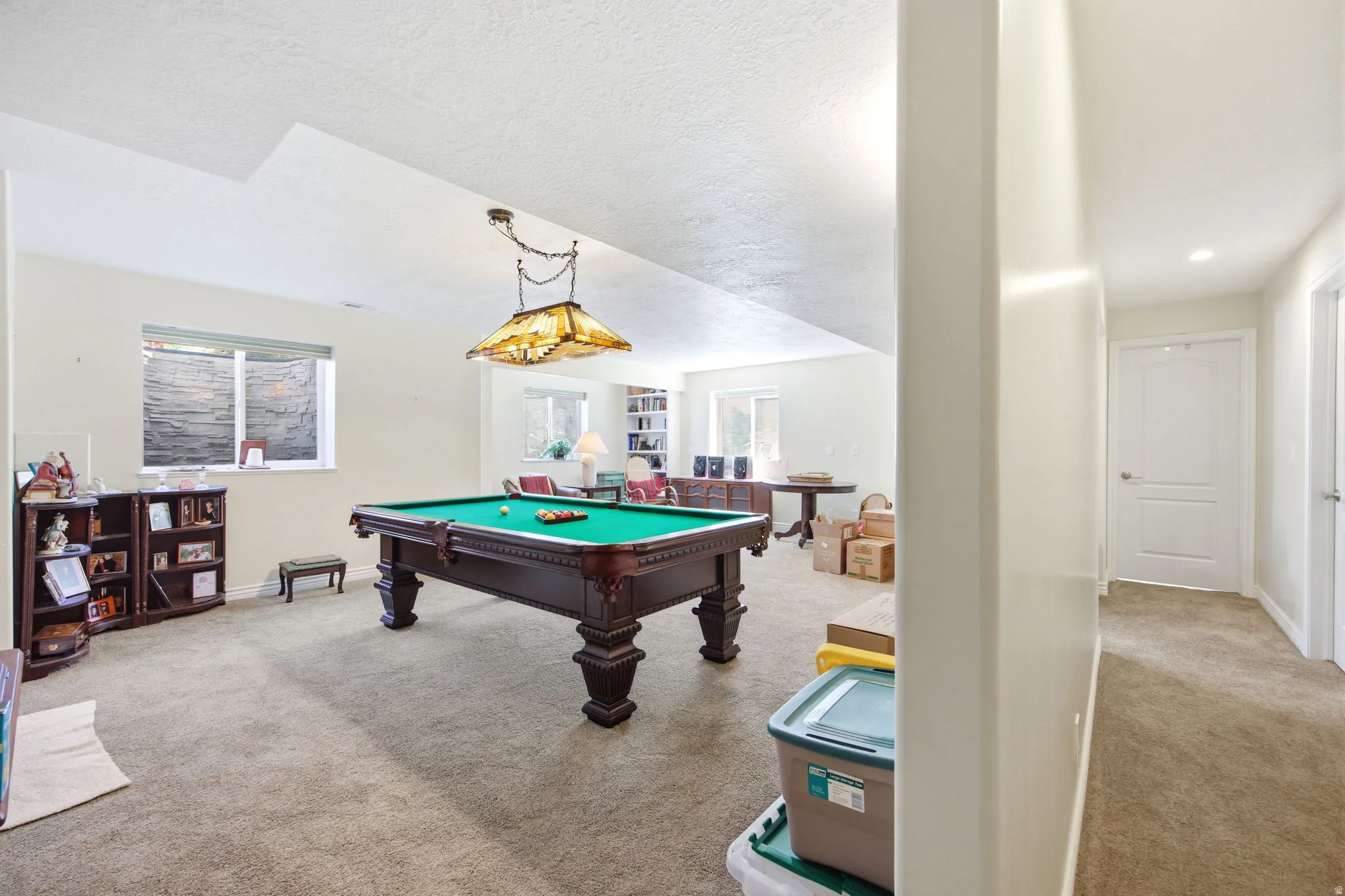 Spacious recreation room featuring neutral carpet flooring, recessed lighting, and a window with a stone-clad window well