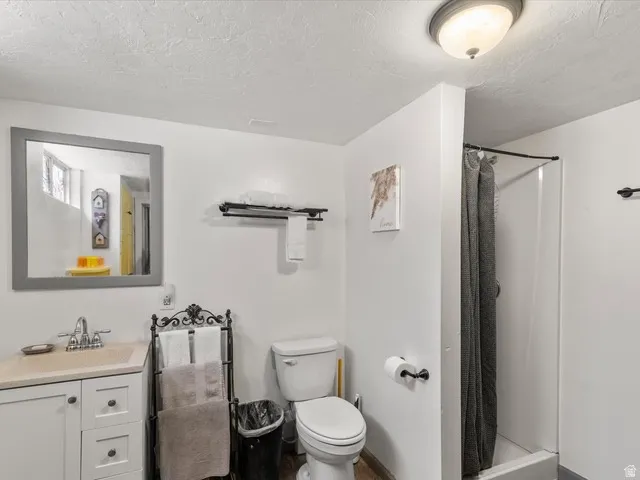 Bathroom featuring a vanity with a light-toned countertop, a framed mirror, a toilet, and a stand-up shower with a shower curtain