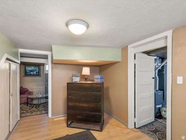 Light wood-finish flooring complemented by a flush mount ceiling light