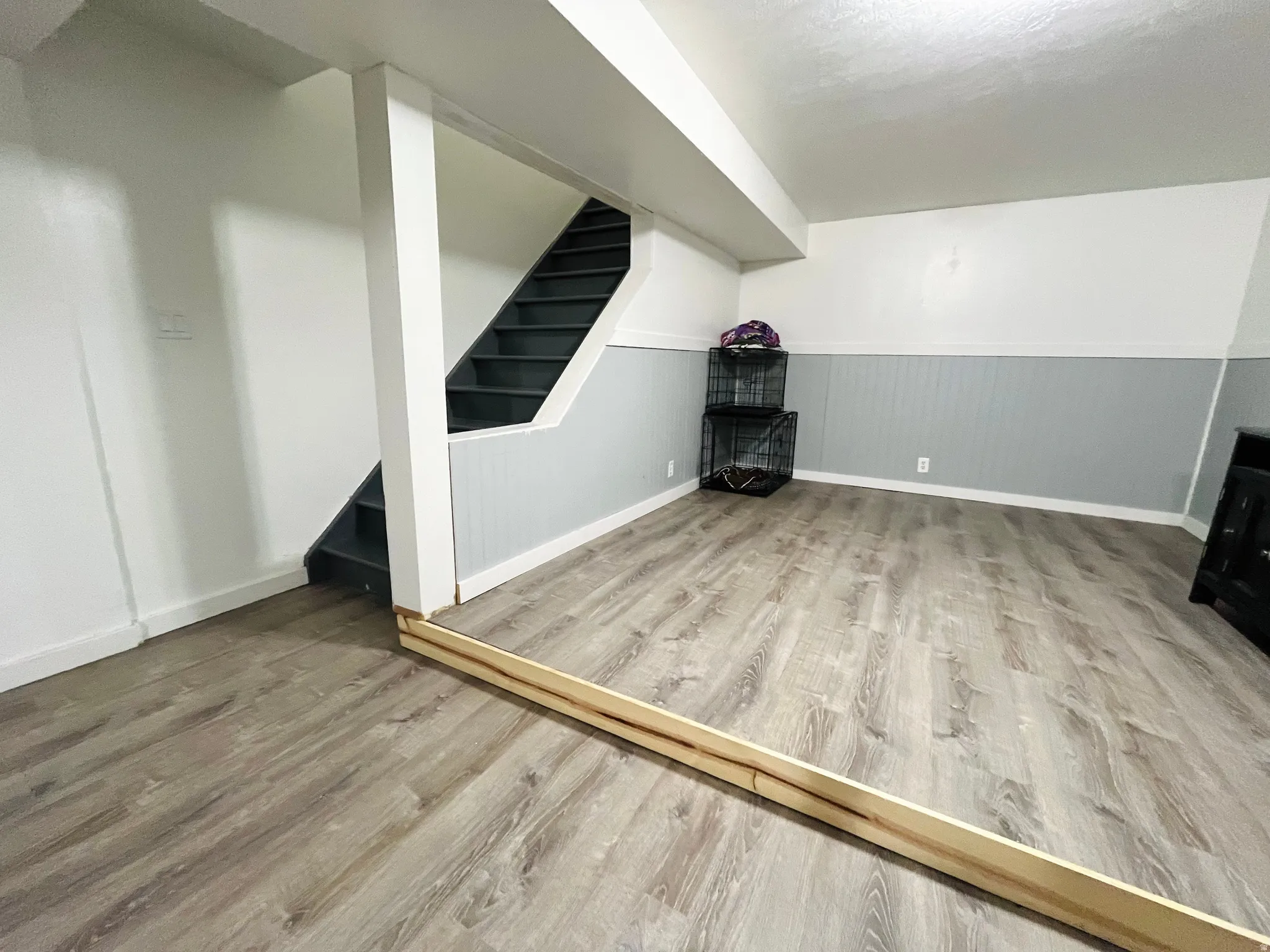 Spacious basement family room featuring durable LVP flooring, offering the perfect space for movie nights, game days, or relaxing with family and friends.