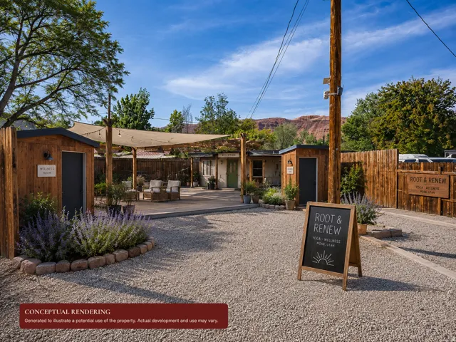 Gravel driveway with a shaded outdoor patio area, two wood-sided structures, and an accompanying wood fence
