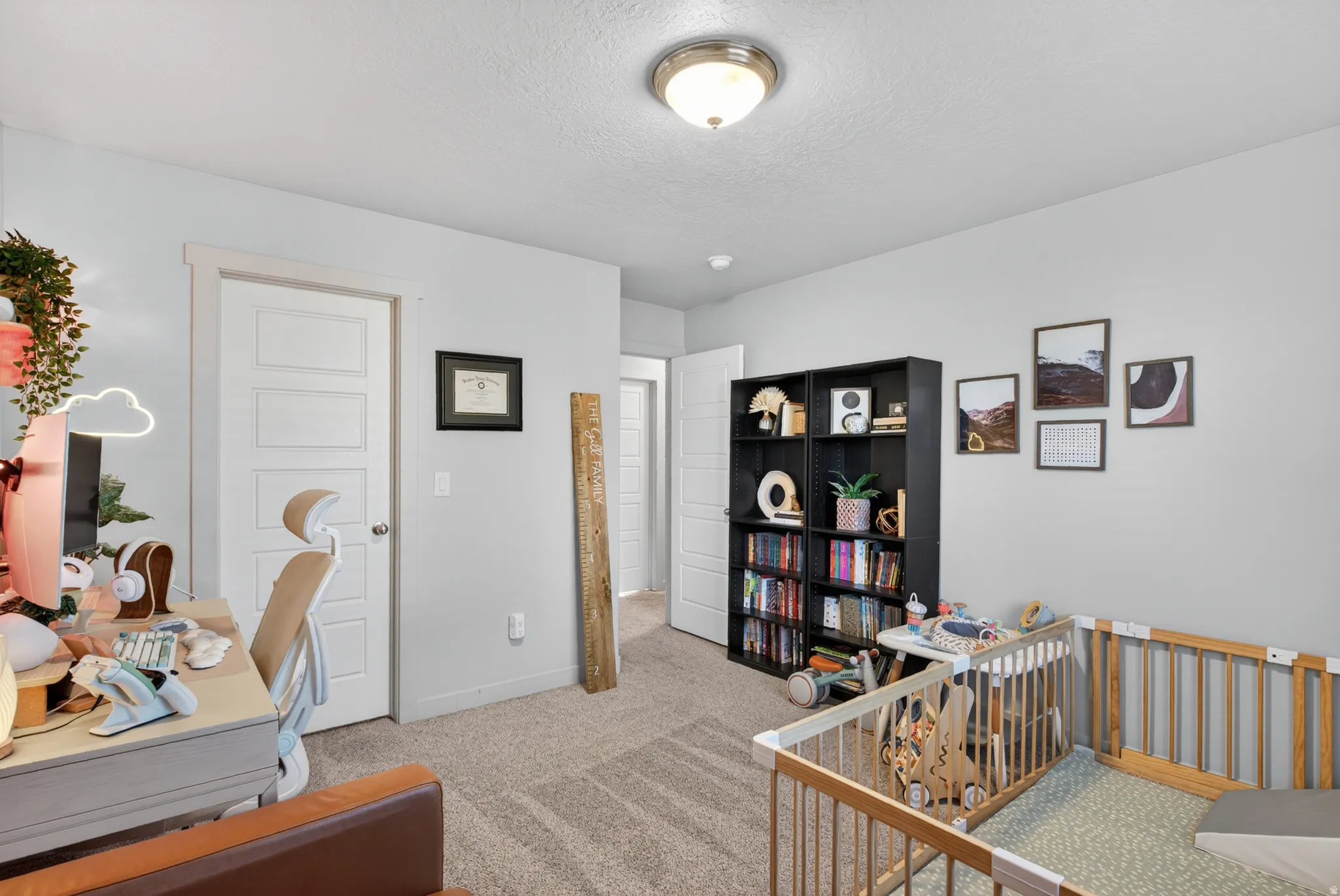 Carpeted room featuring a ceiling-mounted light fixture, light gray walls, and white trim