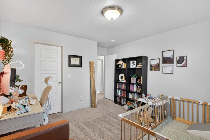 Carpeted room featuring a ceiling-mounted light fixture, light gray walls, and white trim