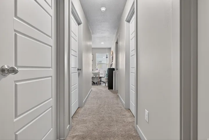 Hallway with light gray walls, textured carpeting, and multiple white paneled doors