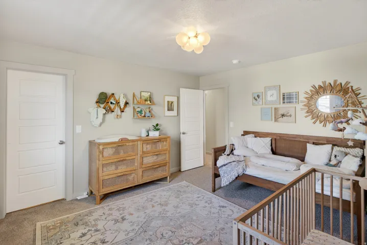 Carpeted room featuring light-toned walls, a geometric ceiling light fixture, and two white five-panel doors with brushed nickel hardware