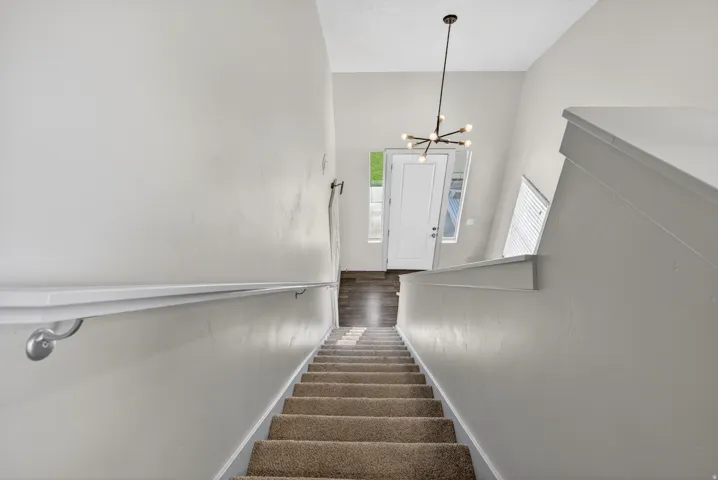 Carpeted staircase with contemporary wall-mounted handrail, leading to an entryway with wood-finish flooring and a white paneled door