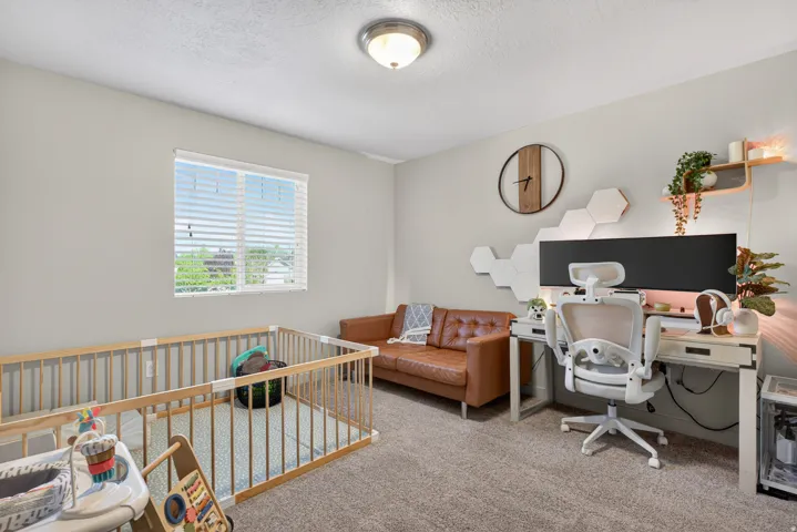 Carpeted room featuring a window with horizontal blinds, light gray walls, and a ceiling-mounted light fixture