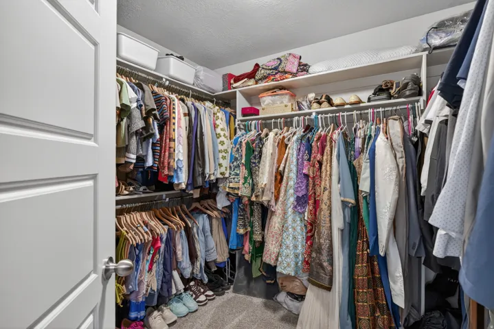 Walk-in closet featuring carpet flooring, built-in shelving, and multiple hanging rods for organization
