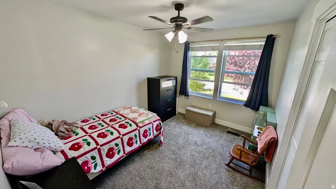 Carpeted room with a ceiling fan light fixture and dual windows