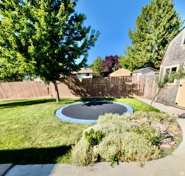 Expansive backyard featuring a manicured lawn, established trees, and a wooden privacy fence