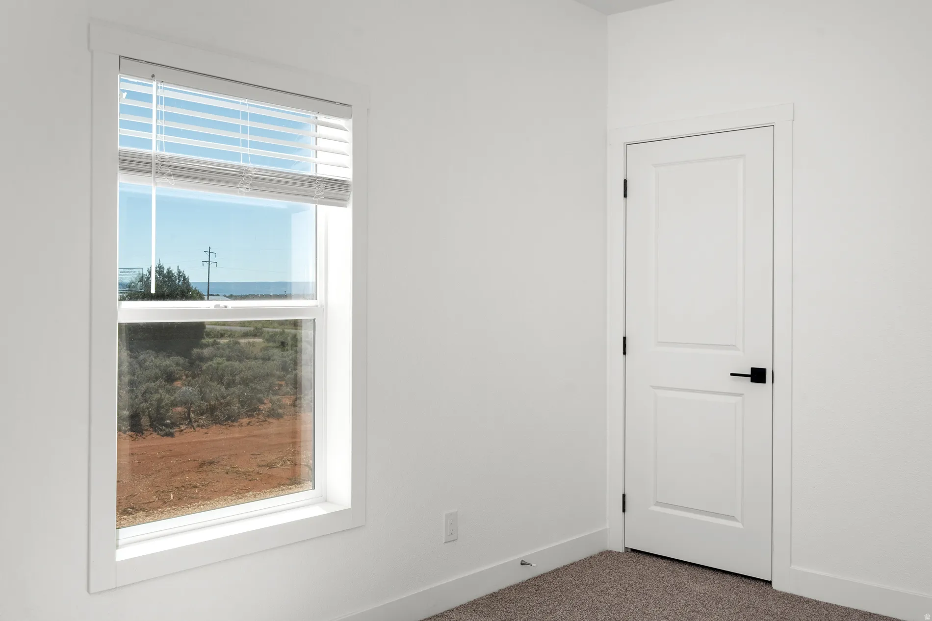 Single hung window with white blinds