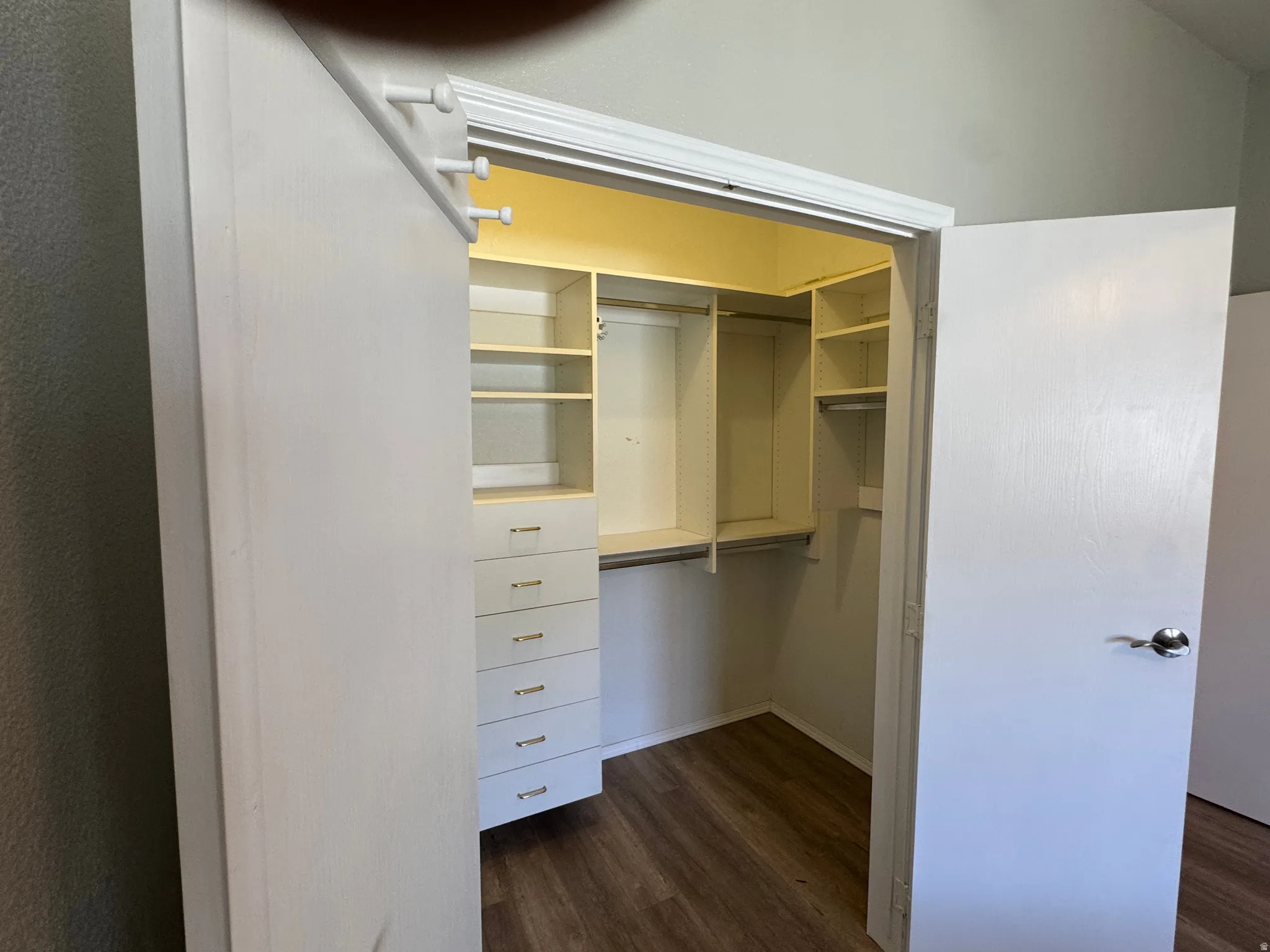 Walk-in closet featuring built-in shelving, hanging rods, an integrated dresser with six drawers, and wood-finish flooring