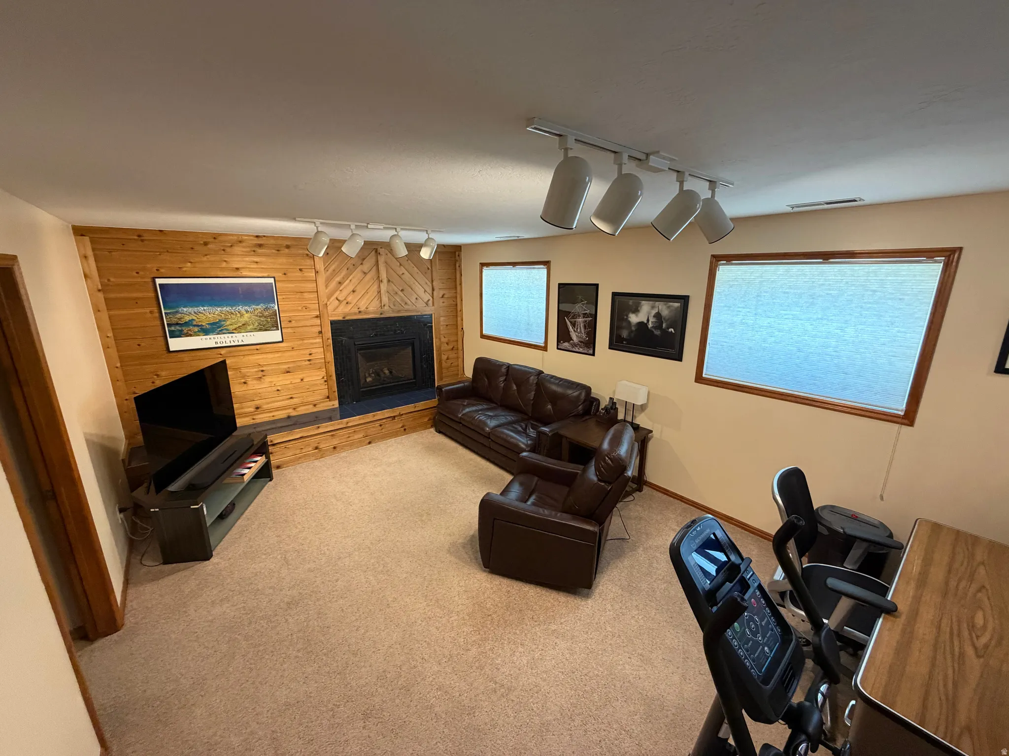 Living area featuring wood-finish accent wall with a built-in fireplace, light-toned carpeting, track lighting, and multiple windows