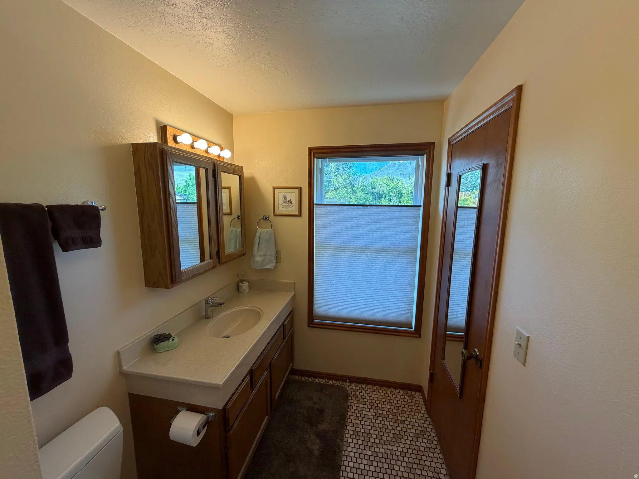 Bathroom featuring a vanity with a light-colored countertop, an undermount sink, and wood-finish cabinetry