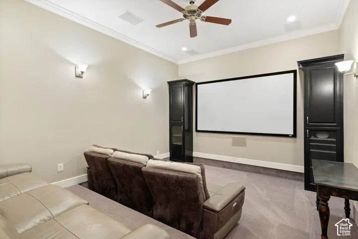 Dedicated media room featuring a large projection screen and built-in storage cabinetry