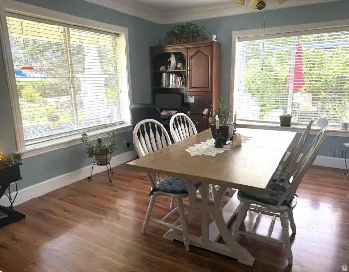 Spacious interior room featuring wood-finish flooring, light blue walls, and white trim. Large Windows for lots of natural light.
