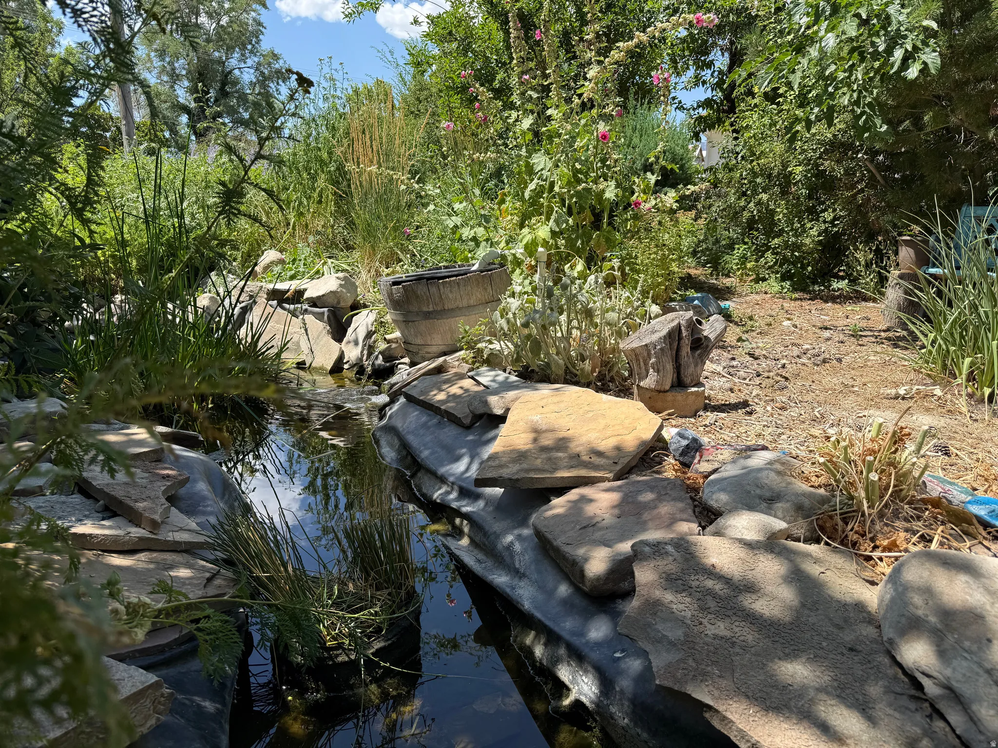 Outdoor water feature with secluded seating.