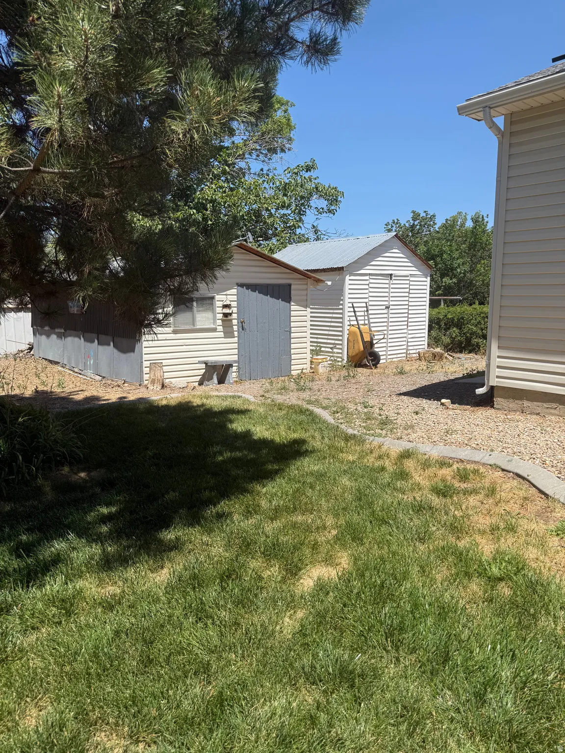Yard space featuring two storage sheds with metal roofs, wood-finish siding, and a partial concrete path