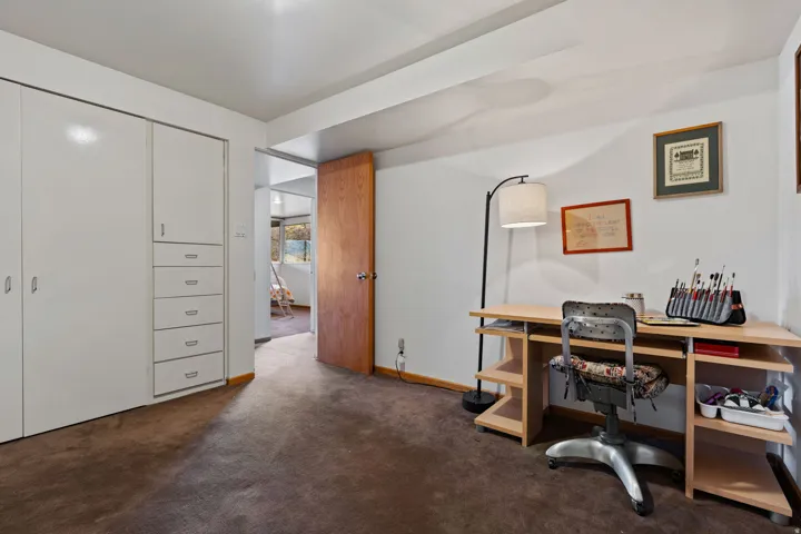 Room featuring built-in white cabinetry with drawers, wood-finish door, and brown carpeting