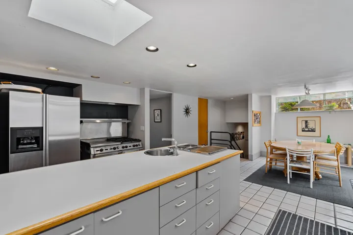 Kitchen featuring a central island with integrated sink, stainless steel appliances, recessed lighting, and a skylight