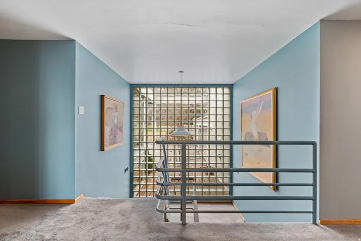 Glass block wall feature providing diffused natural light