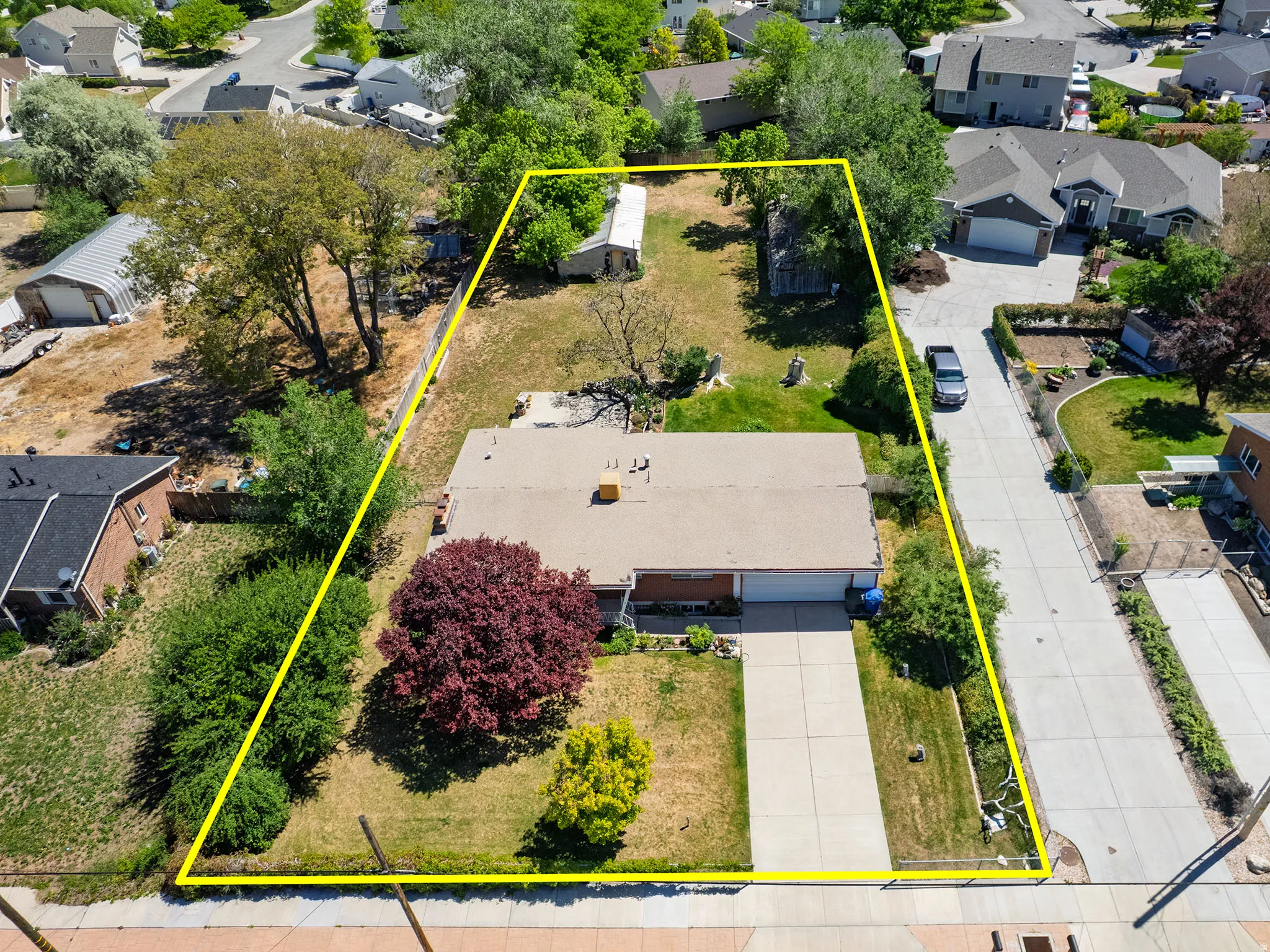 Expansive lot featuring mature trees, a detached storage shed, and a paved driveway
