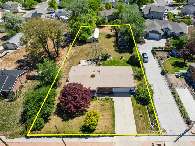 Expansive lot featuring mature trees, a detached storage shed, and a paved driveway