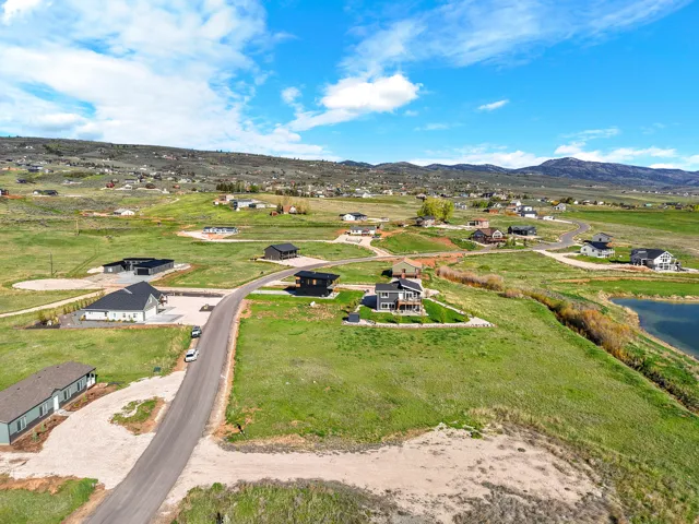 Aerial perspective showcasing a residential area with varied home styles, expansive green landscapes, and a visible body of water