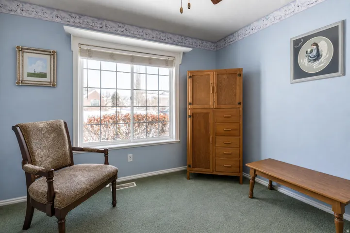 Window with muntins offering exterior views, light blue wall paint, green carpeting, white baseboards, and a ceiling fan
