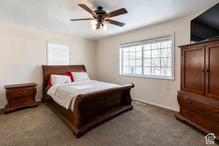 Primary bedroom-carpeted room with a ceiling fan light fixture, two windows, and neutral wall tones