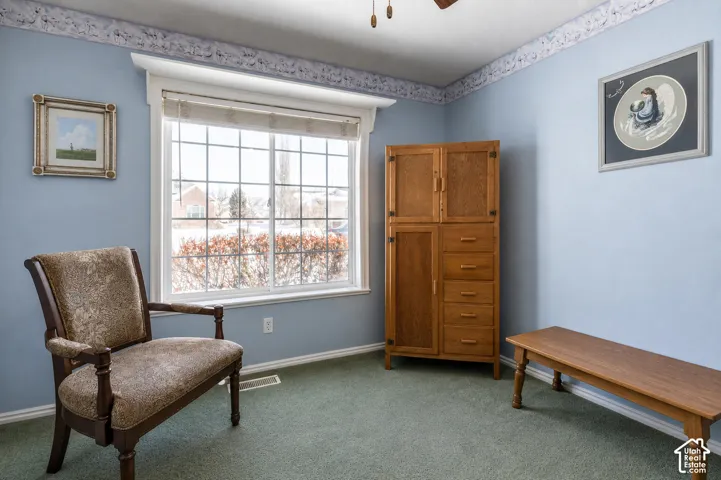 Window with muntins offering exterior views, light blue wall paint, green carpeting, white baseboards, and a ceiling fan