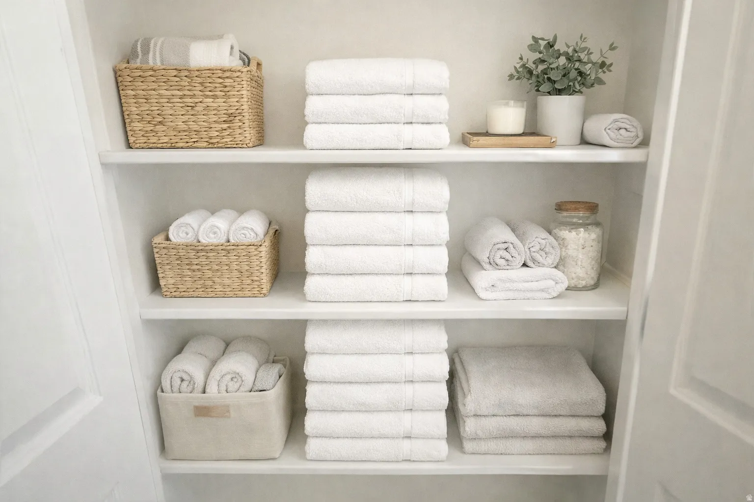 Built-in shelving unit with multiple white shelves