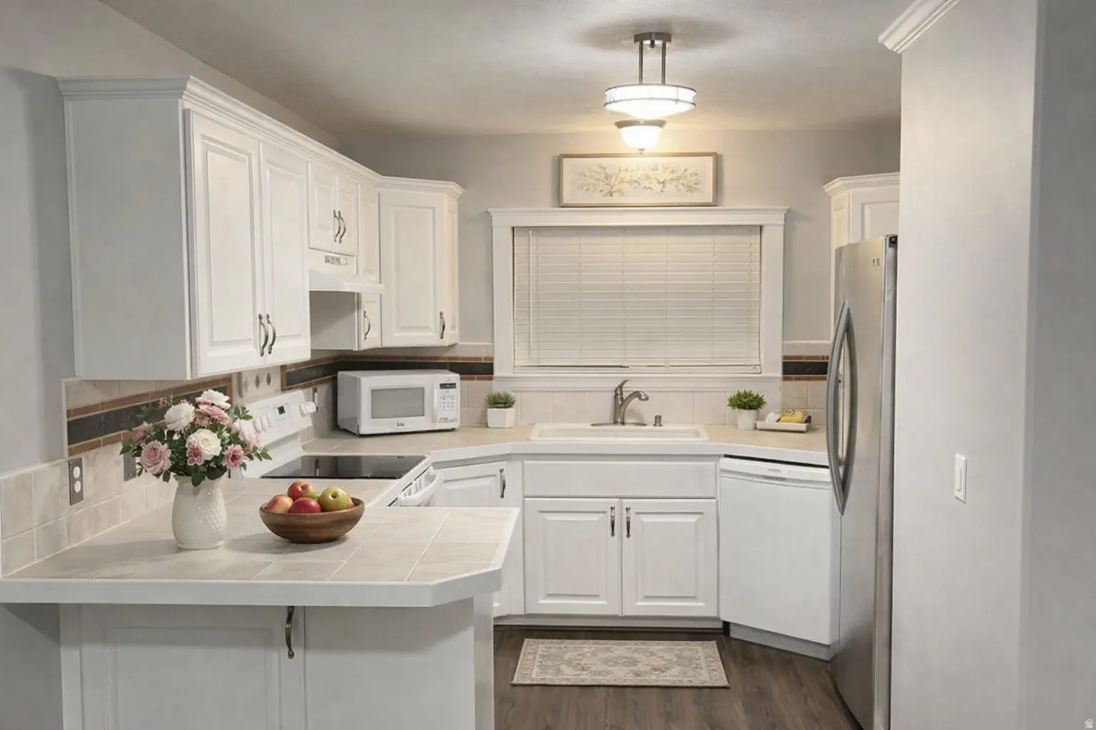 Kitchen featuring white cabinetry, tile countertops, stainless steel appliances, and wood-finish flooring