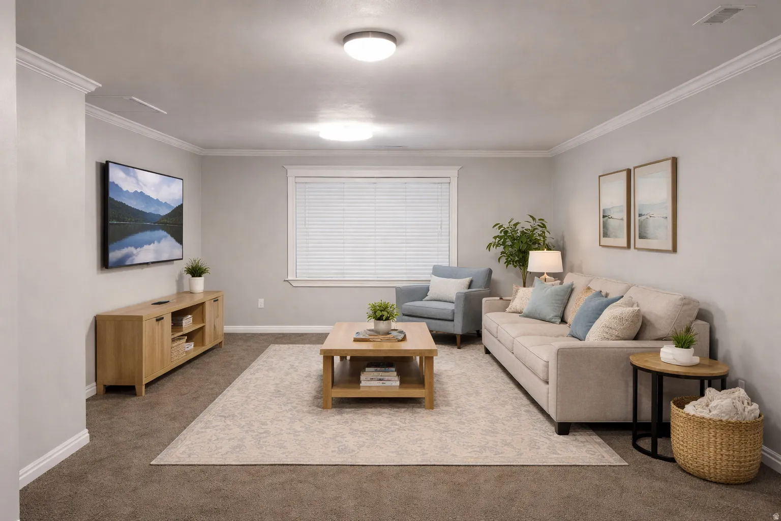 Spacious living area featuring neutral-toned walls, recessed lighting, and crown molding