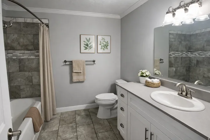 Bathroom featuring a white vanity with silver hardware, a single basin sink, and a large mirror