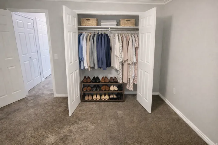 Spacious closet featuring bi-fold doors, white trim, and ample storage with upper shelving and hanging rods