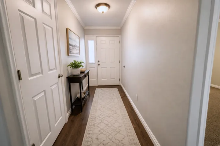 Entryway featuring wood-finish flooring, white paneled doors, and crown molding