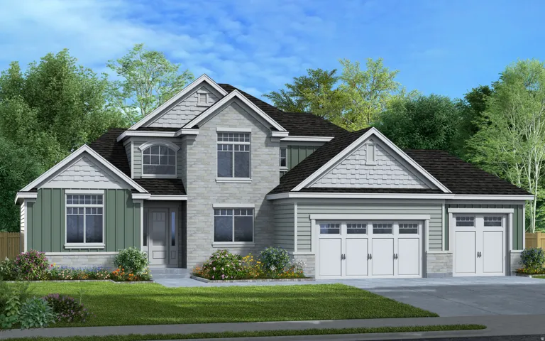 Contemporary home featuring a stone facade, a multi-pane front door, and a three-car garage with paneling and window inserts